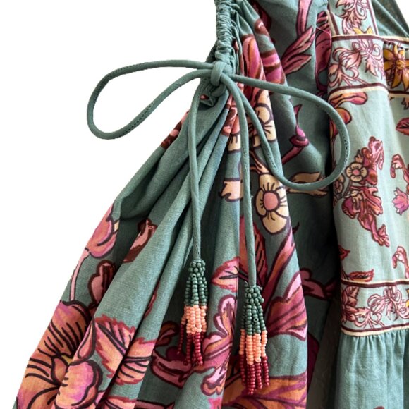 NWT Farm Rio Anthropologie Puff-Sleeve Square-Neck Romper Green S Floral Boho - Picture 10 of 15